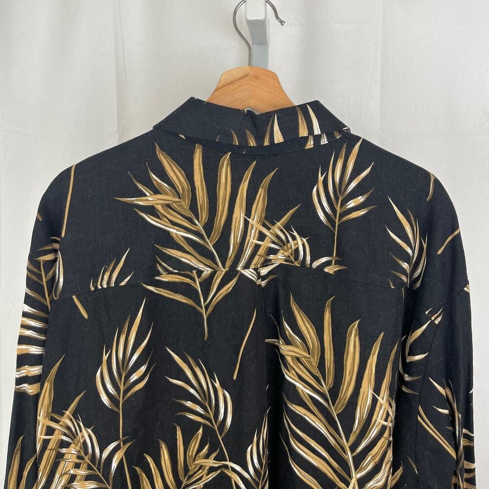 JOIE XL Leaf Print Button Up Long Sleeve Tunic Shirt Linen Blend Black Brown - Picture 7 of 11